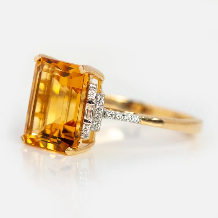 14k Solid Gold Citrine and Diamond Deco Ring