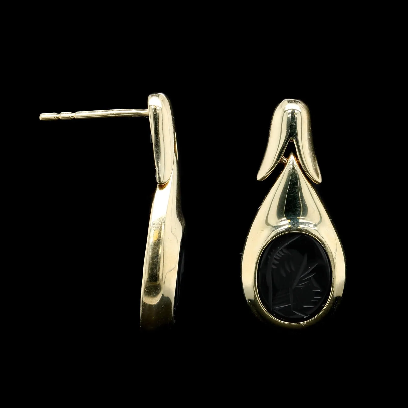 14K Yellow Gold Estate Hematite Intaglio Drop Earrings