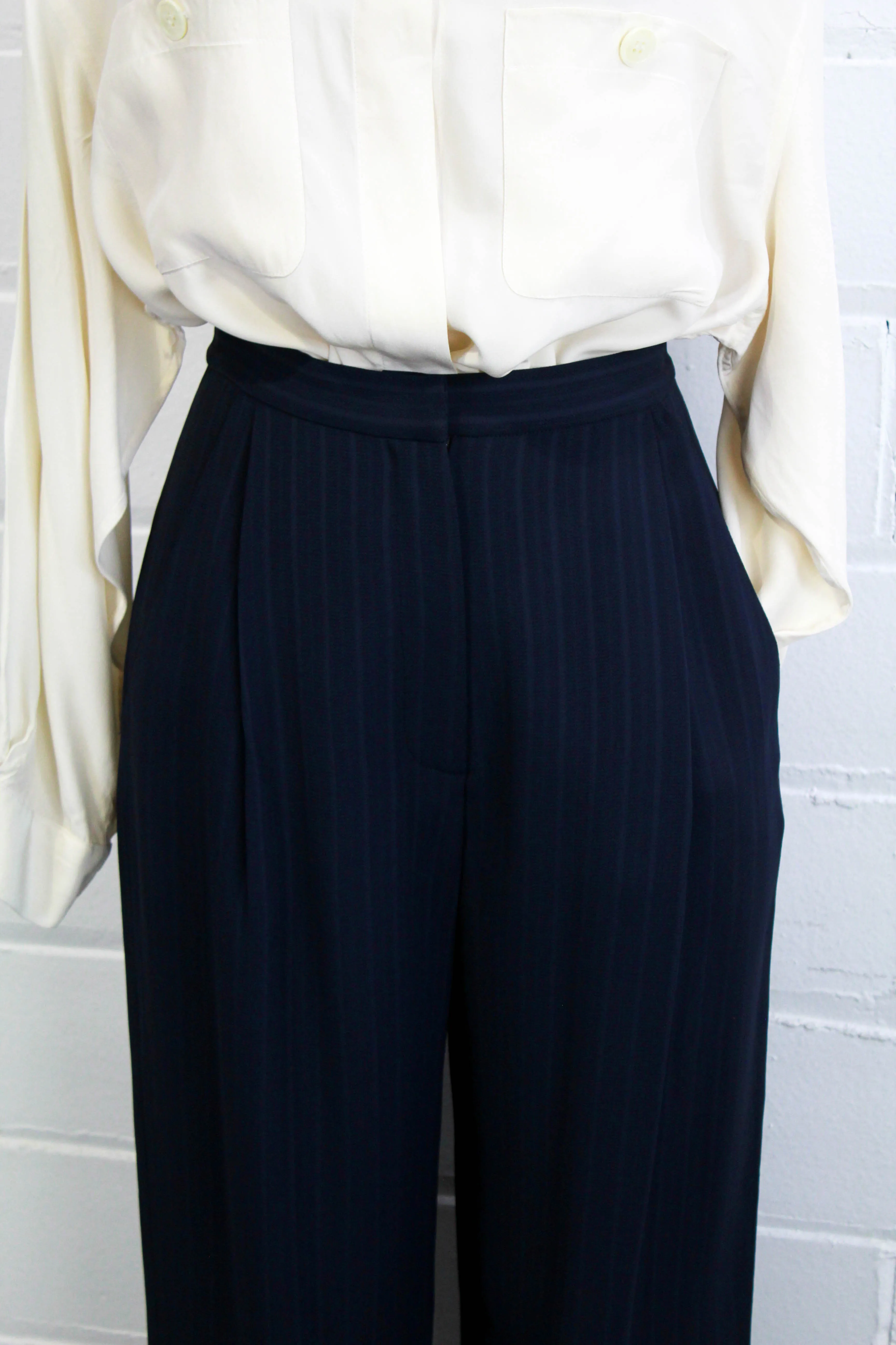 1980s Navy Pinstripe Trousers, Waist 26"