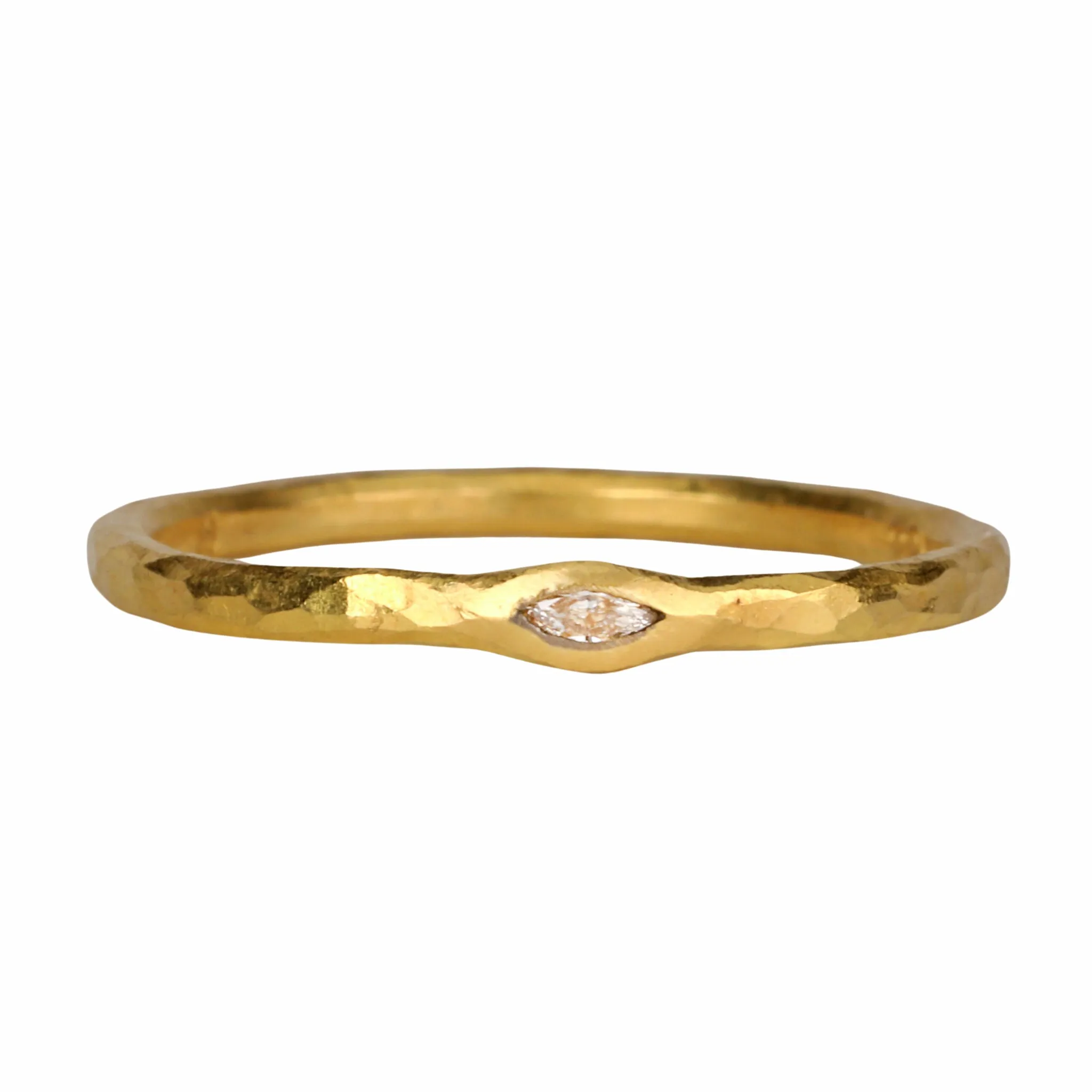 22K Gold Thin Hammered Band with Marquise Diamond