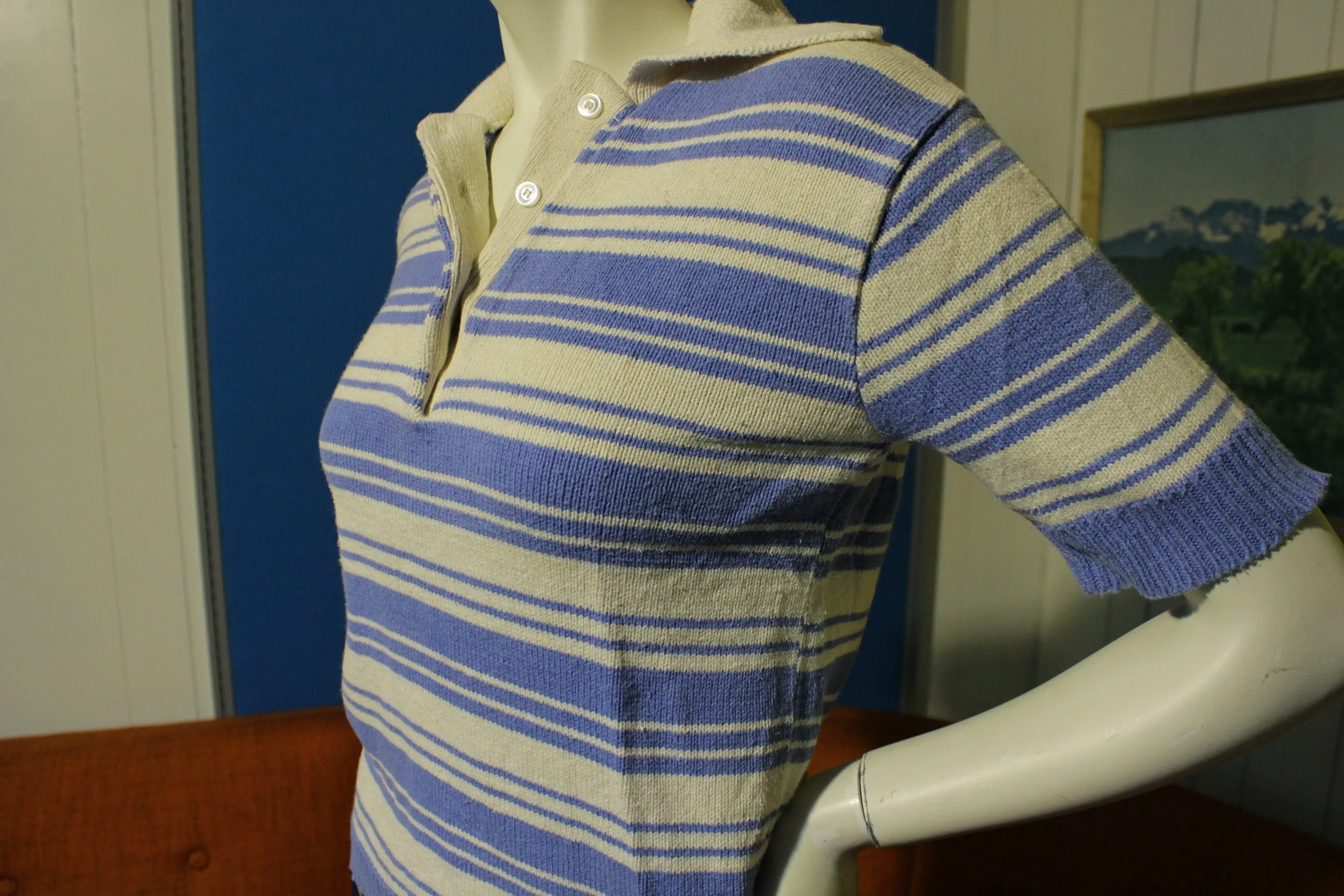 70's Striped 100% Cotton Vintage Short Sleeve Women's Polo Shirt.  Knit Blue and White.