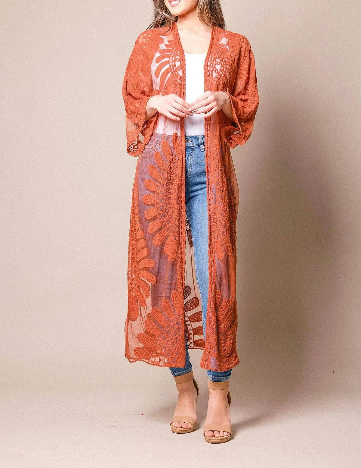 Akila Lace Kimono Wrap - Terracotta