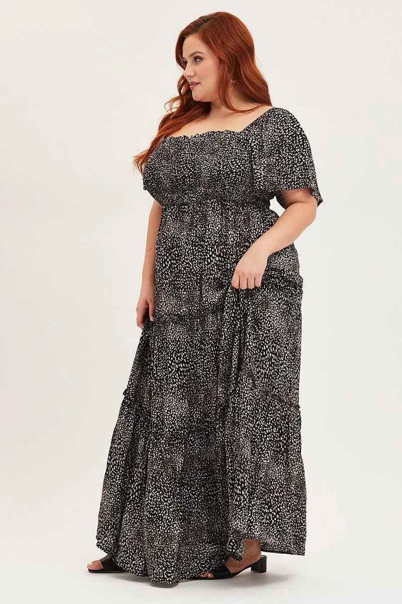 Animal Print Maxi Dress Square Neck Short Sleeve