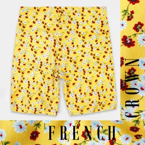 Aureolin Yellow with Crimson Red Multicolor Floral Printed Premium Cotton Short