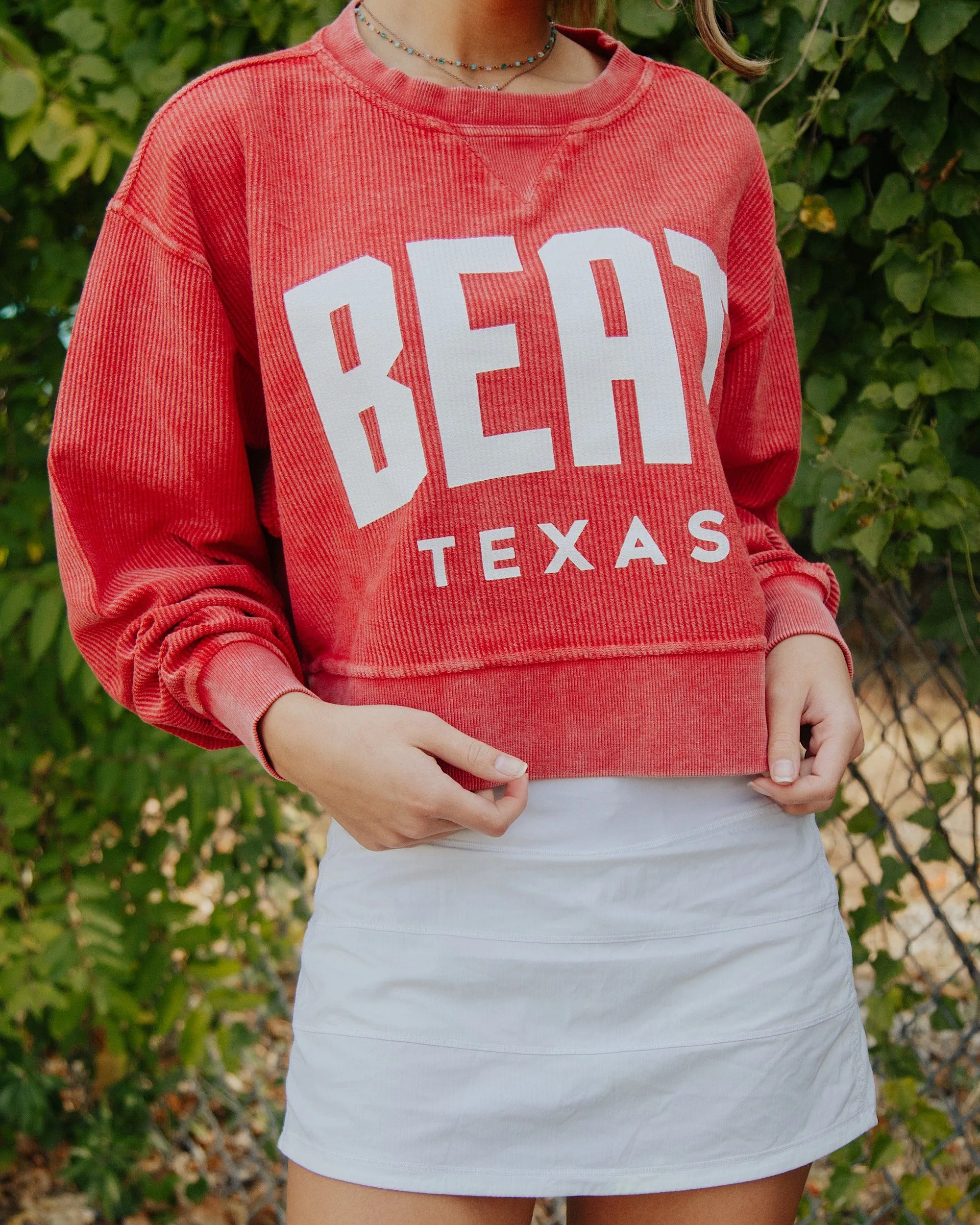 Beat Texas Gault Crimson Corded Crew Cropped Sweatshirt