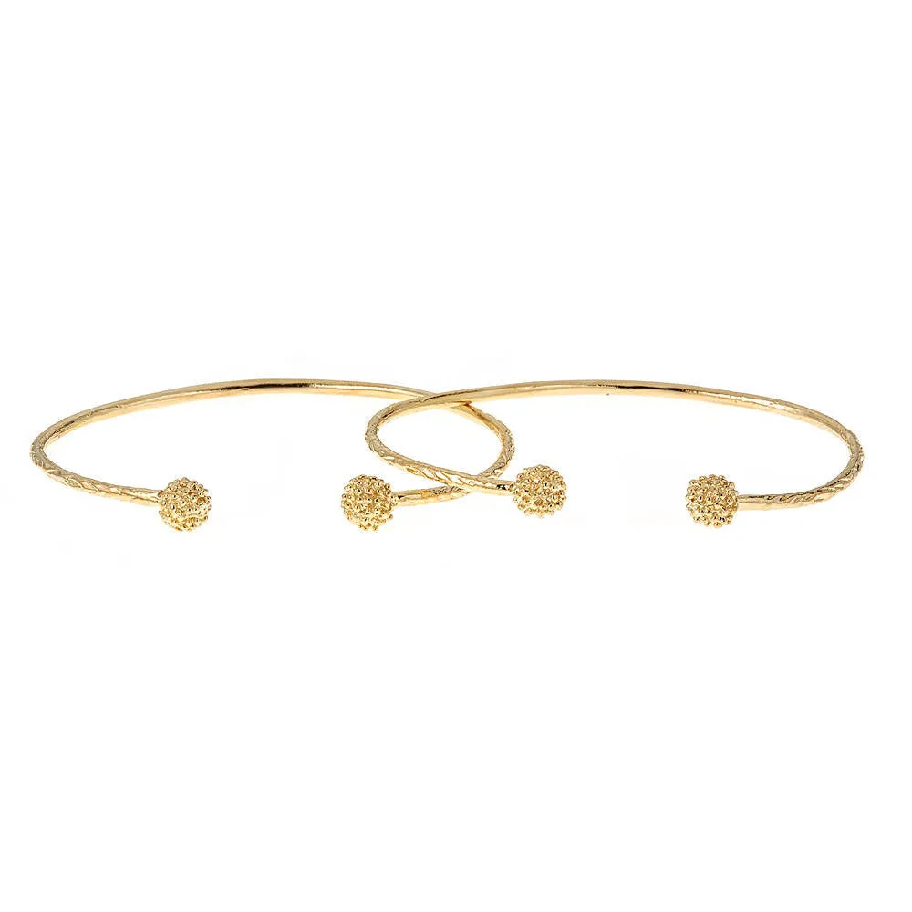 Better Jewelry Solid .925 Sterling Silver Disco Ball Ends West Indian Bangles Plated with 14K Gold, 1 pair