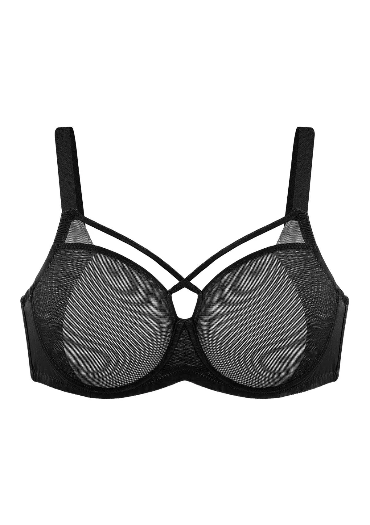 Billie Cross Front Strap Black Smooth Sheer Mesh Underwire Bra Set