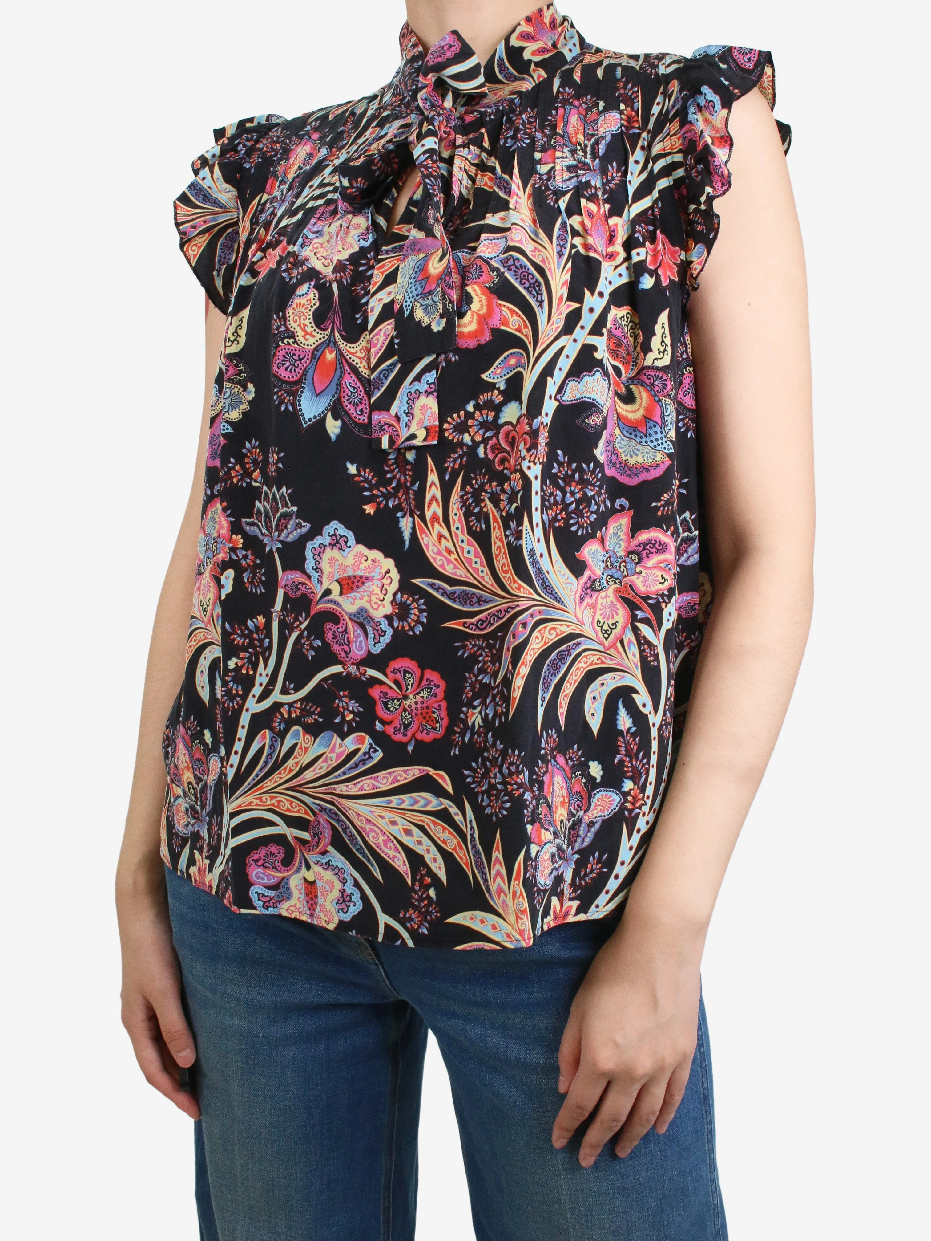 Black floral printed neck-tie top - size IT 42