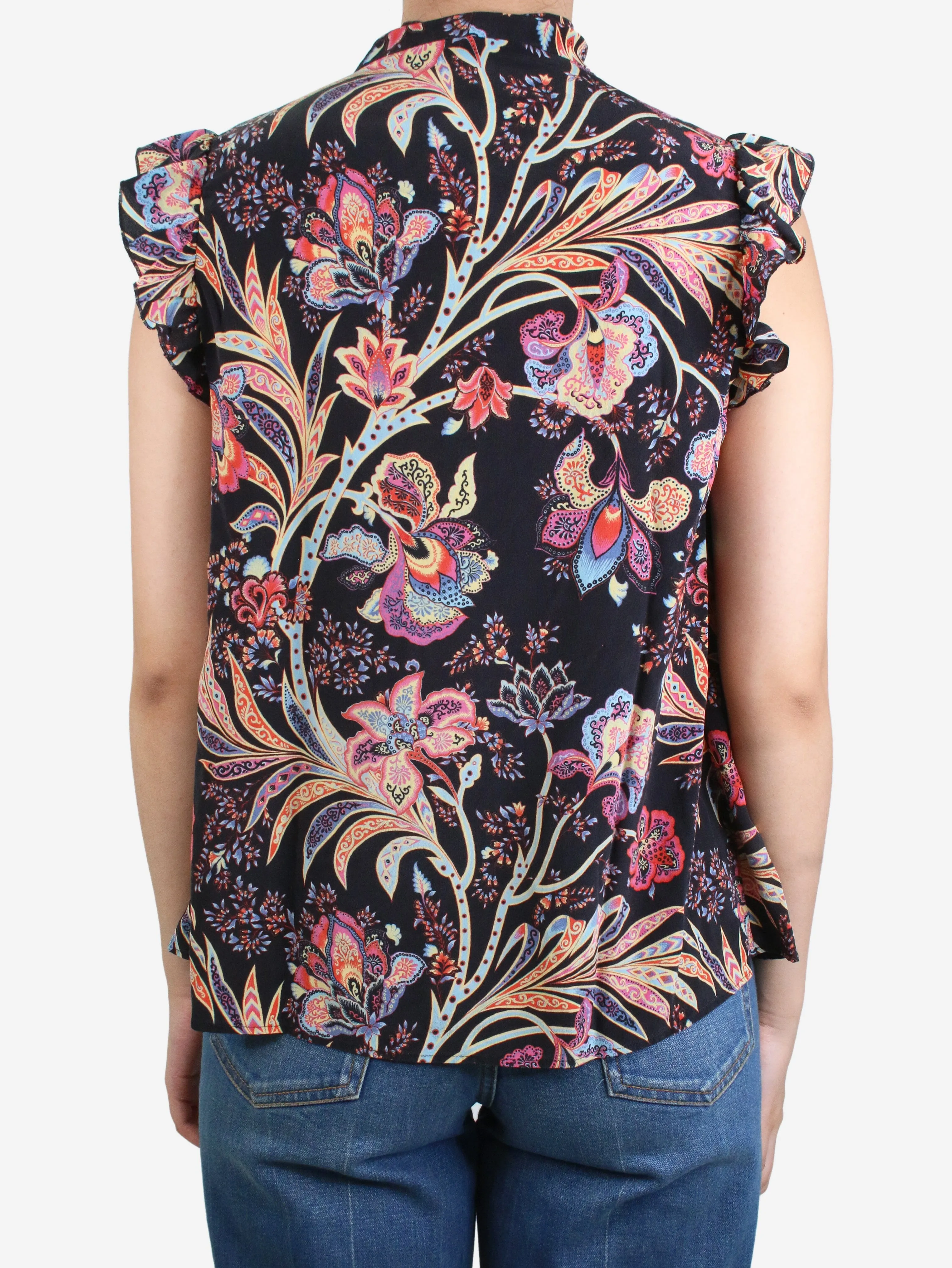 Black floral printed neck-tie top - size IT 42