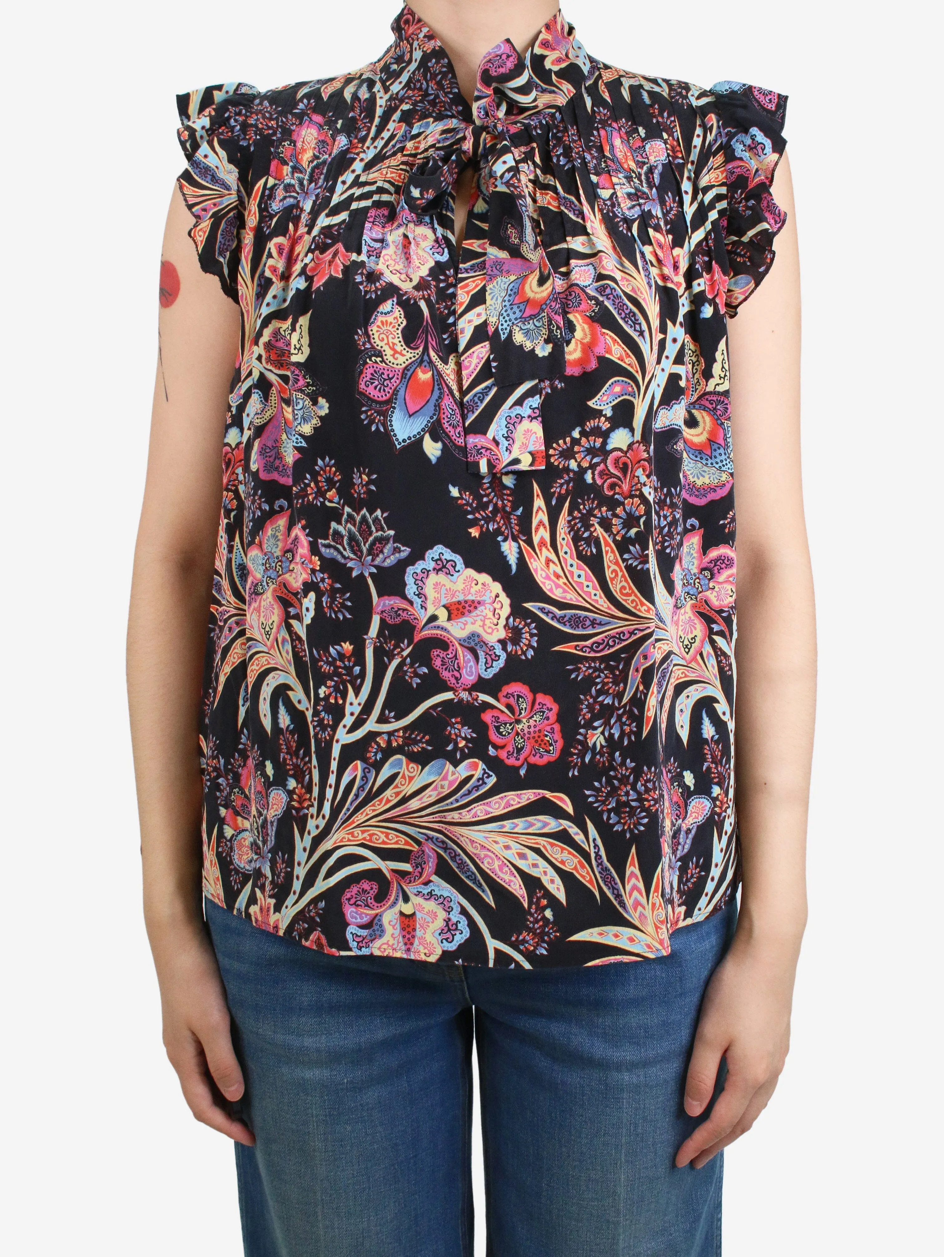 Black floral printed neck-tie top - size IT 42