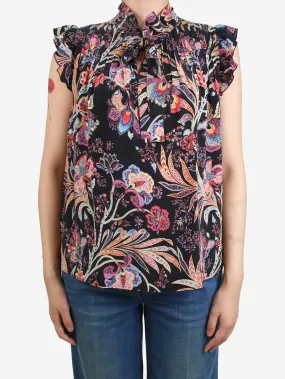 Black floral printed neck-tie top - size IT 42