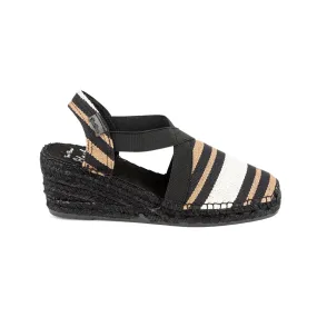 Black Striped Cotton Blend Wedge Espadrille for Women - Tarbes-BK