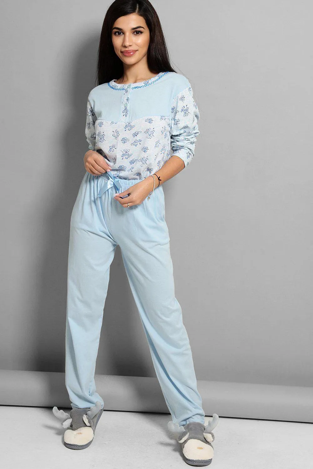 Blue Floral Bouquet Print Satin Bow Detail Pyjama Set