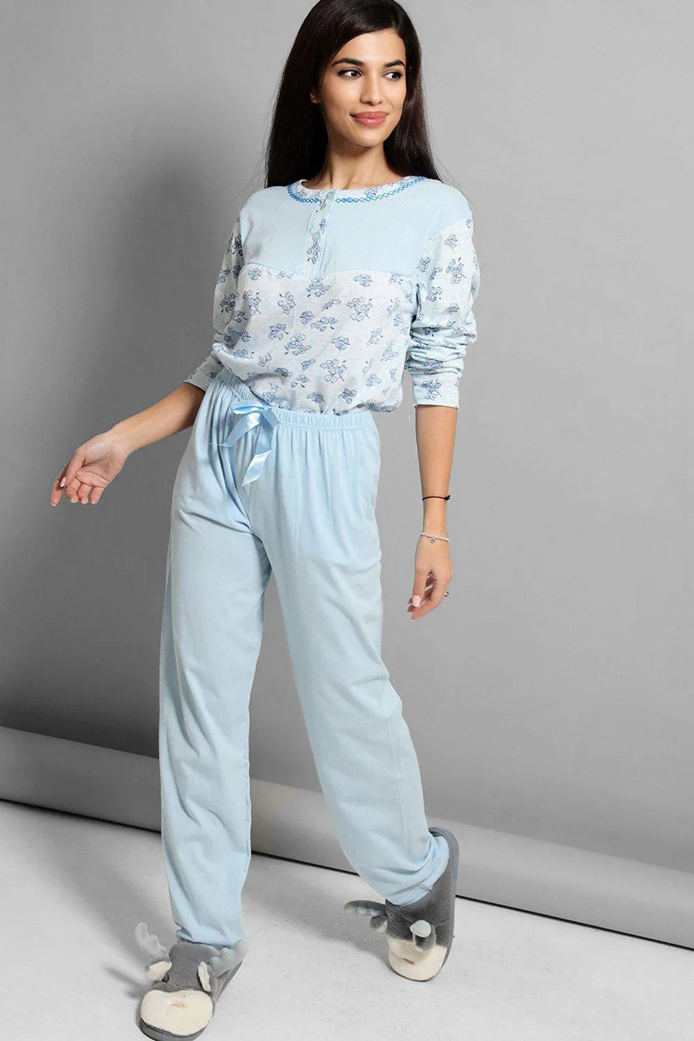 Blue Floral Bouquet Print Satin Bow Detail Pyjama Set