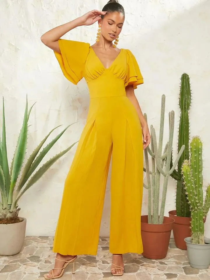 Butterfly sleeve wide leg jumpsuit in yellow