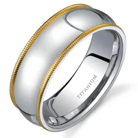 Classic Two-Tone 8mm Men's Genuine Titanium Band, Milgrain Edge, Comfort Fit, Size 9.5