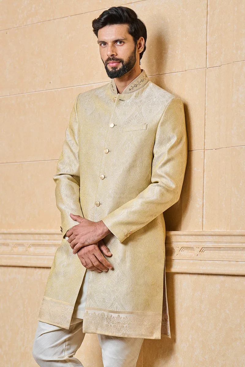 Classic Zari Jacquard Sherwani With Border Detailing