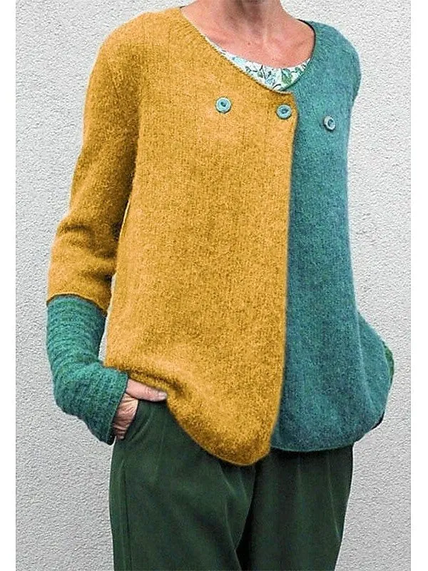 Color Block Knitted Button Women's Cardigan