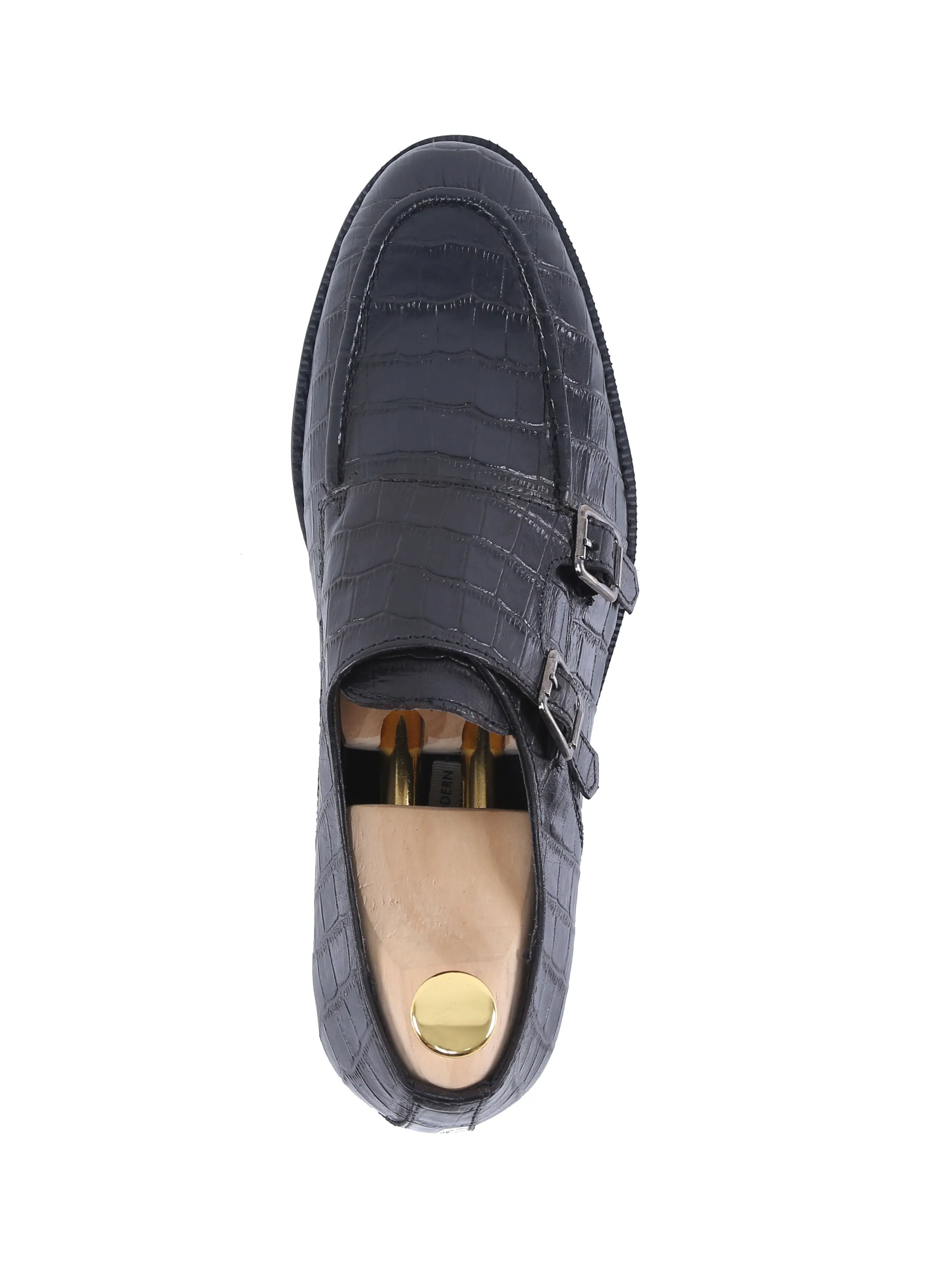 Double Monk Strap - Black Croco Leather (Crepe Sole)