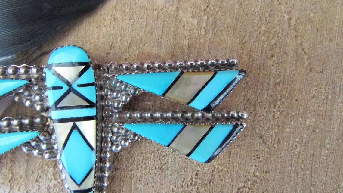 E MARTINEZ Zuni Silver Inlay Turquoise Dragonfly Brooch / Pendant