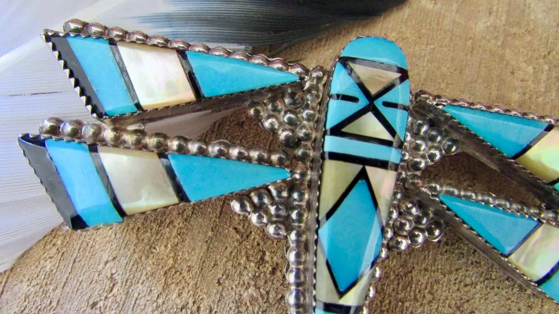 E MARTINEZ Zuni Silver Inlay Turquoise Dragonfly Brooch / Pendant