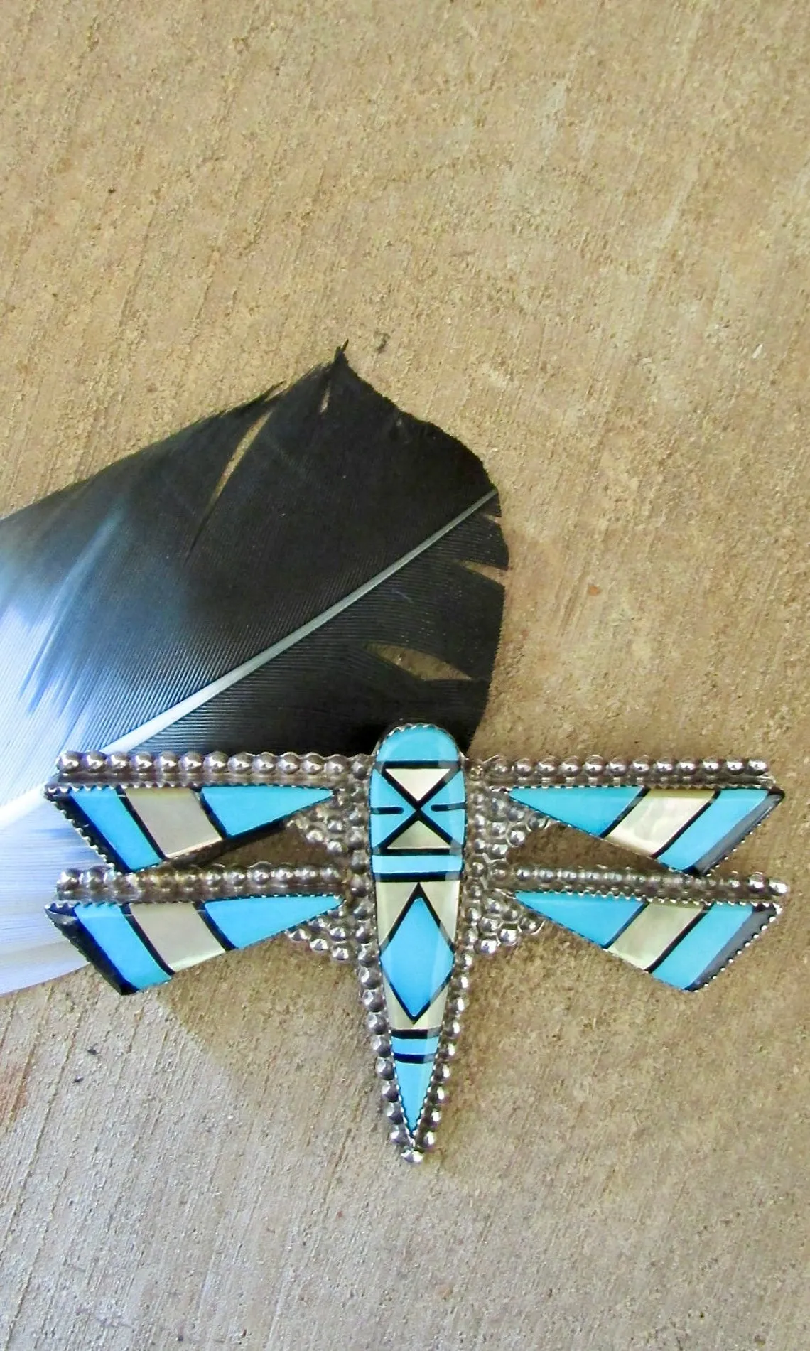 E MARTINEZ Zuni Silver Inlay Turquoise Dragonfly Brooch / Pendant