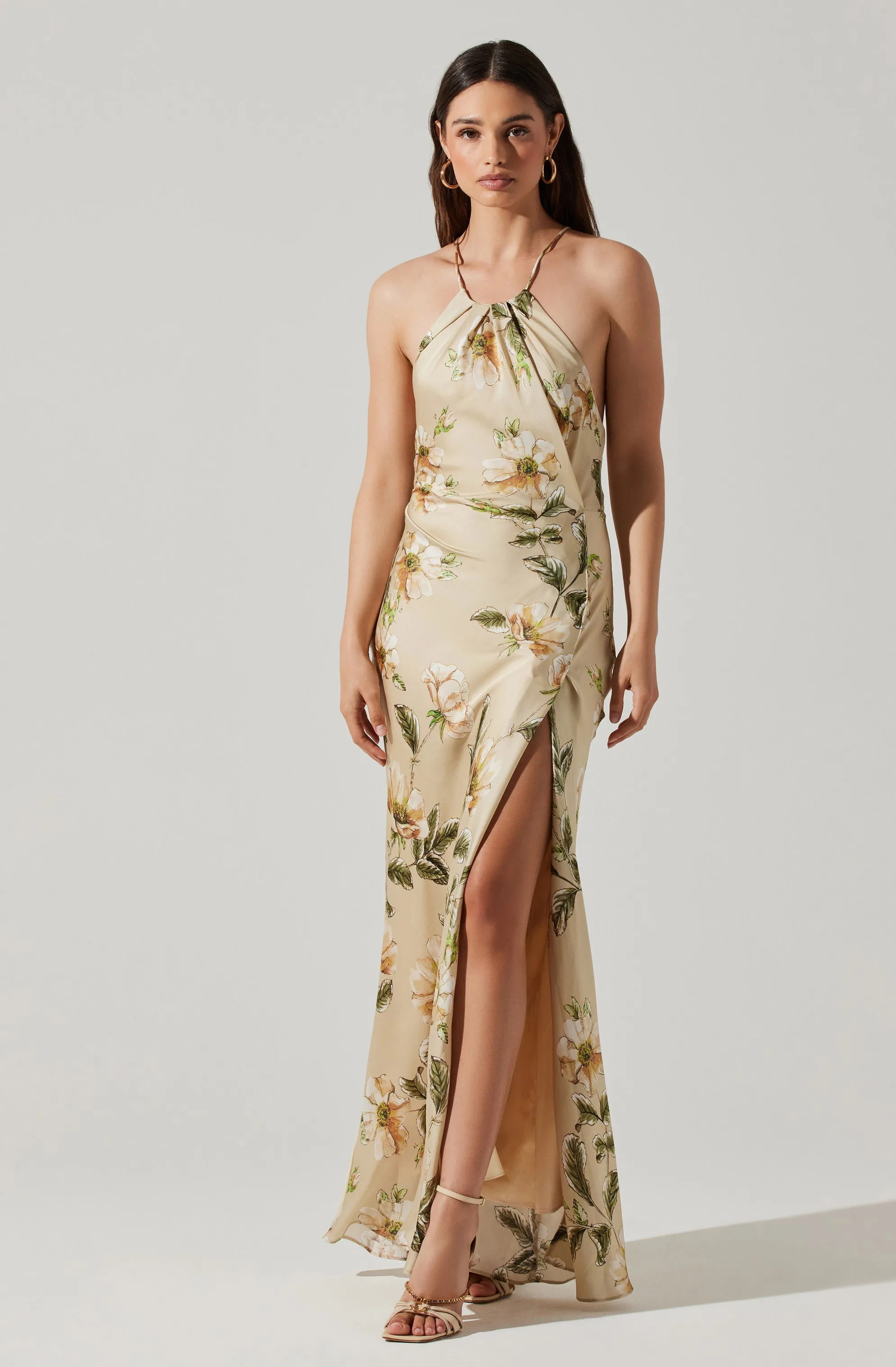 Elynor Satin Floral Halter Maxi Dress