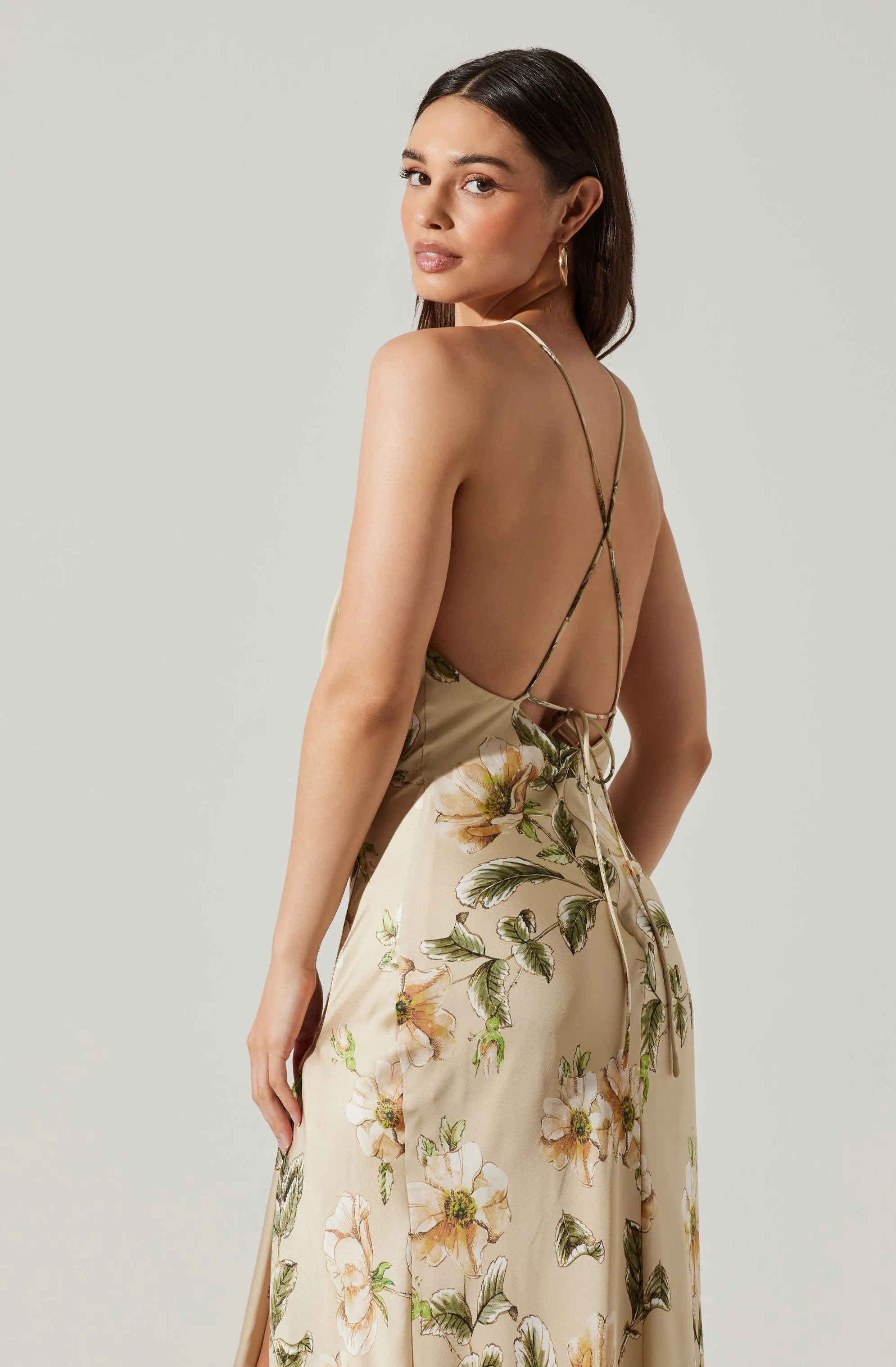 Elynor Satin Floral Halter Maxi Dress