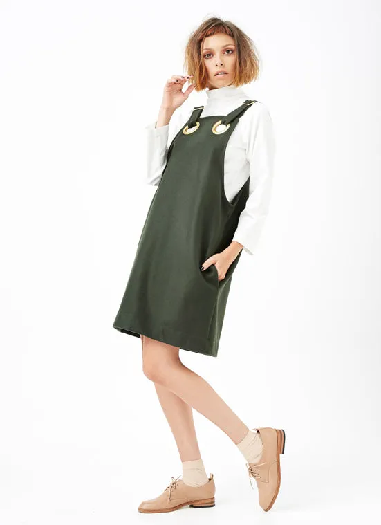 EYELET PINAFORE DRESS ~ OLIVE GREEN [ Wool, Brass Hardware ]