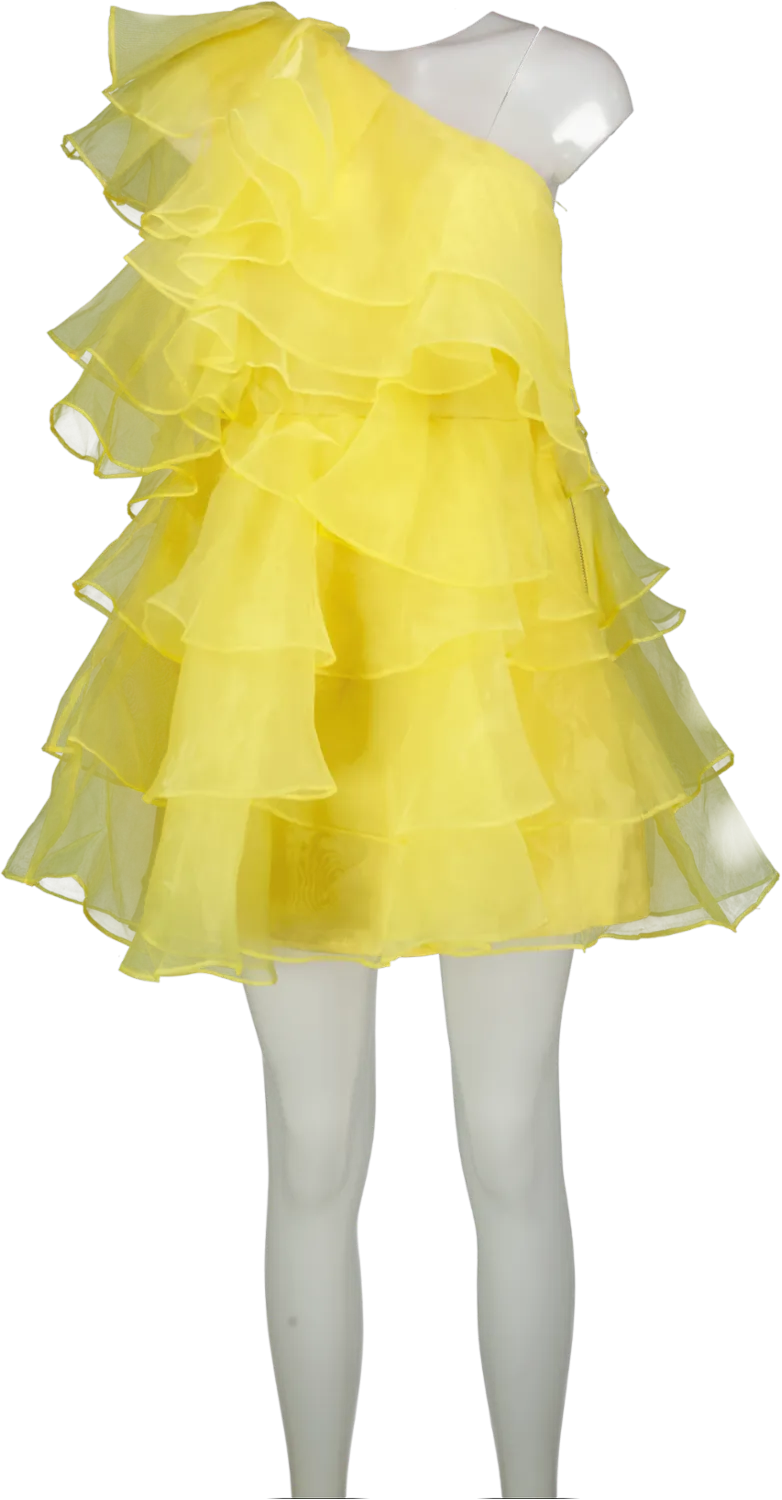 Forever Unique Yellow One Shoulder Organza Mini Dress UK 8