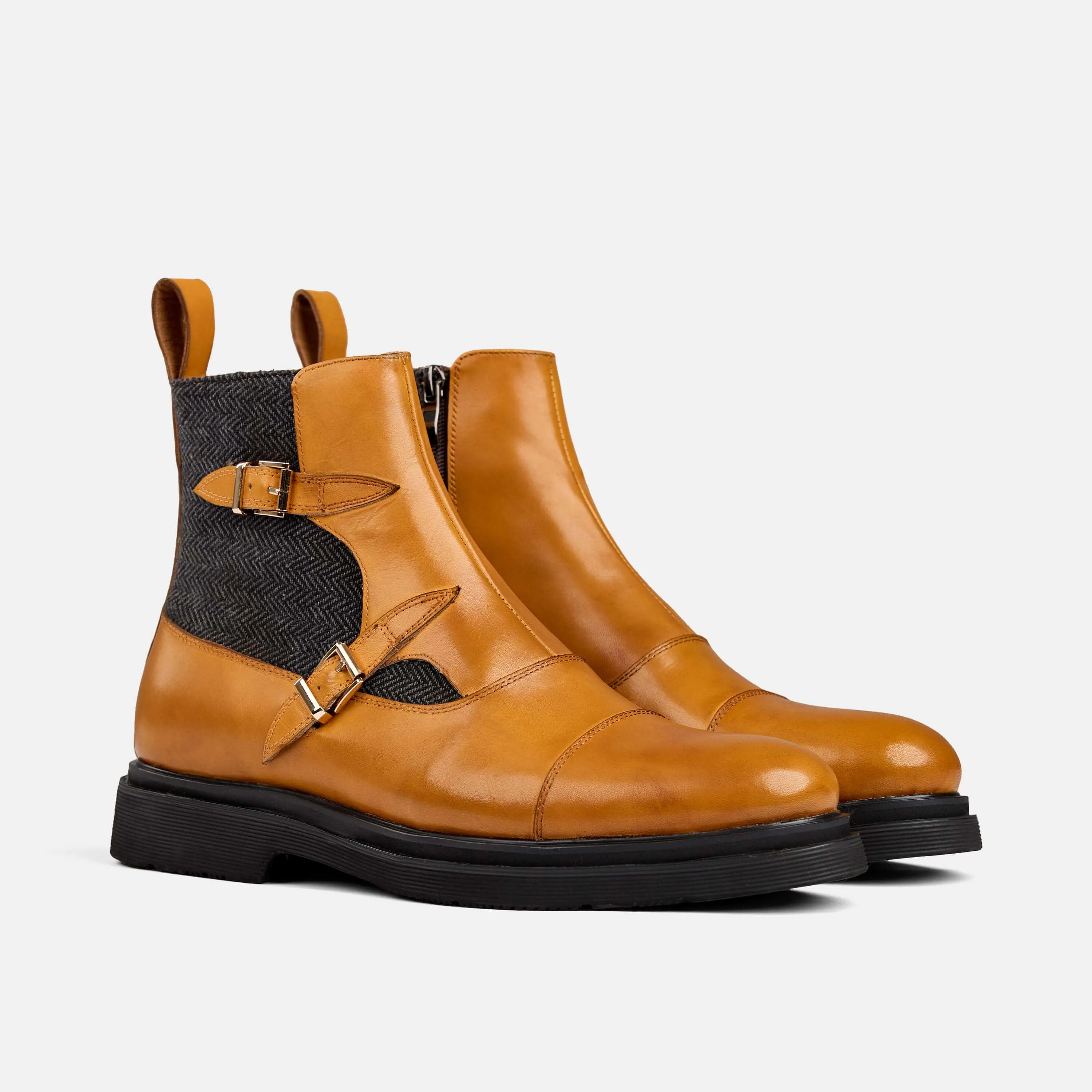 Grant Caramel/Charcoal Leather Buckle Boots