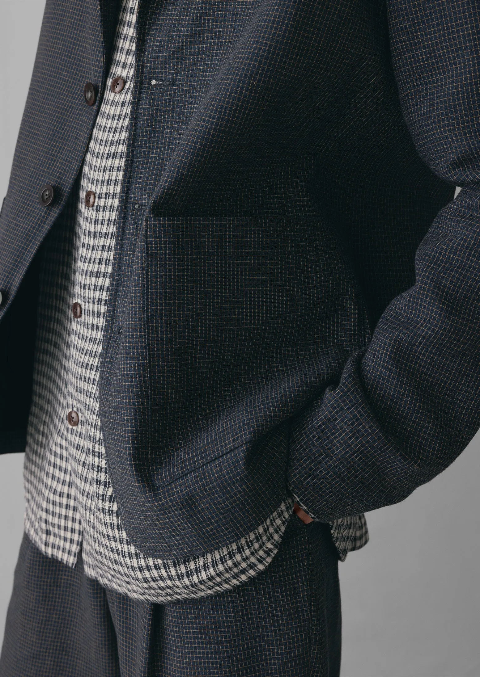 Grid Check Cotton Linen Blazer | North Sea