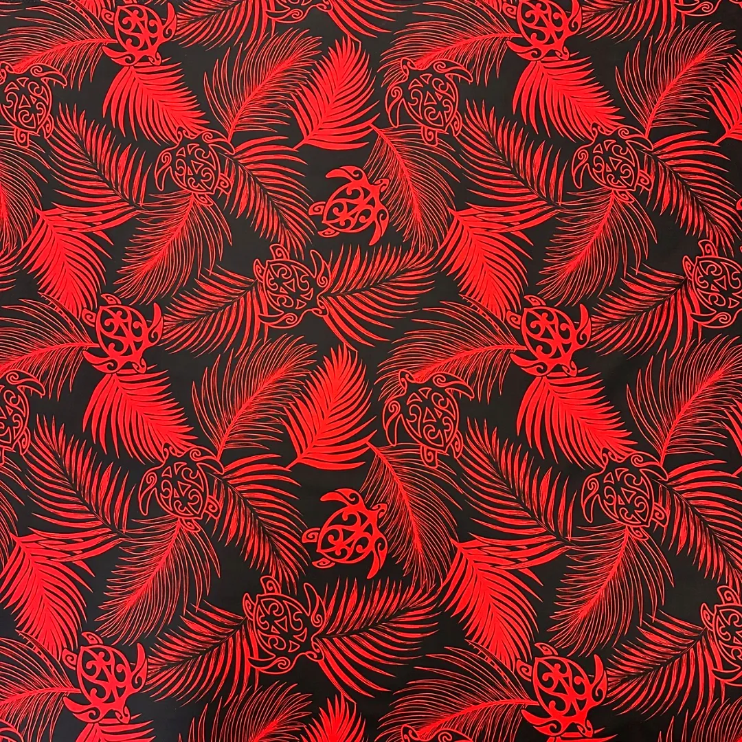 Hawaiian Fabric With Monstera and Turtle Print - Red/Black