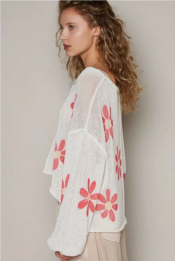 Jr Top - Long Sleeve Daisy - Ivory/Red