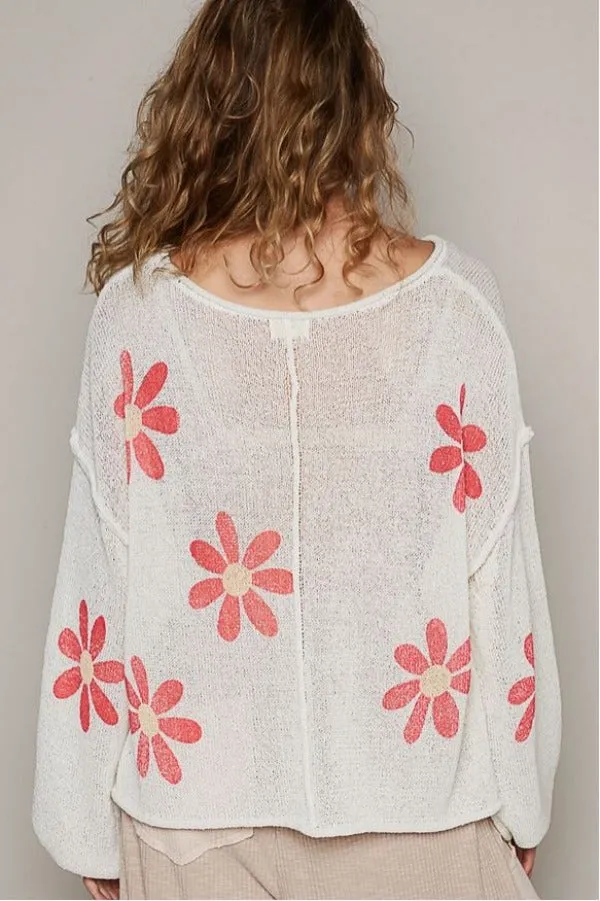 Jr Top - Long Sleeve Daisy - Ivory/Red