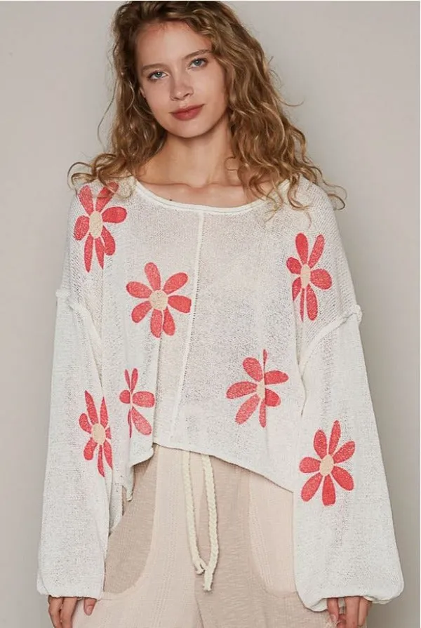 Jr Top - Long Sleeve Daisy - Ivory/Red