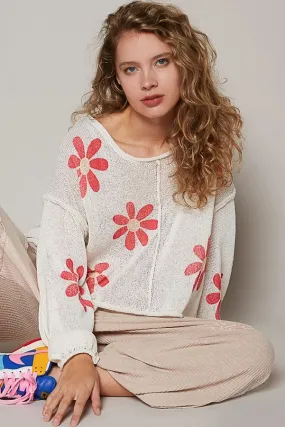 Jr Top - Long Sleeve Daisy - Ivory/Red