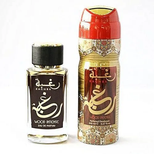 Lattafa Raghba Wood Intense Gift Set ( EDP Perfume 100ml and Deodorant 200ml)