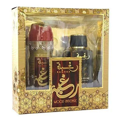 Lattafa Raghba Wood Intense Gift Set ( EDP Perfume 100ml and Deodorant 200ml)