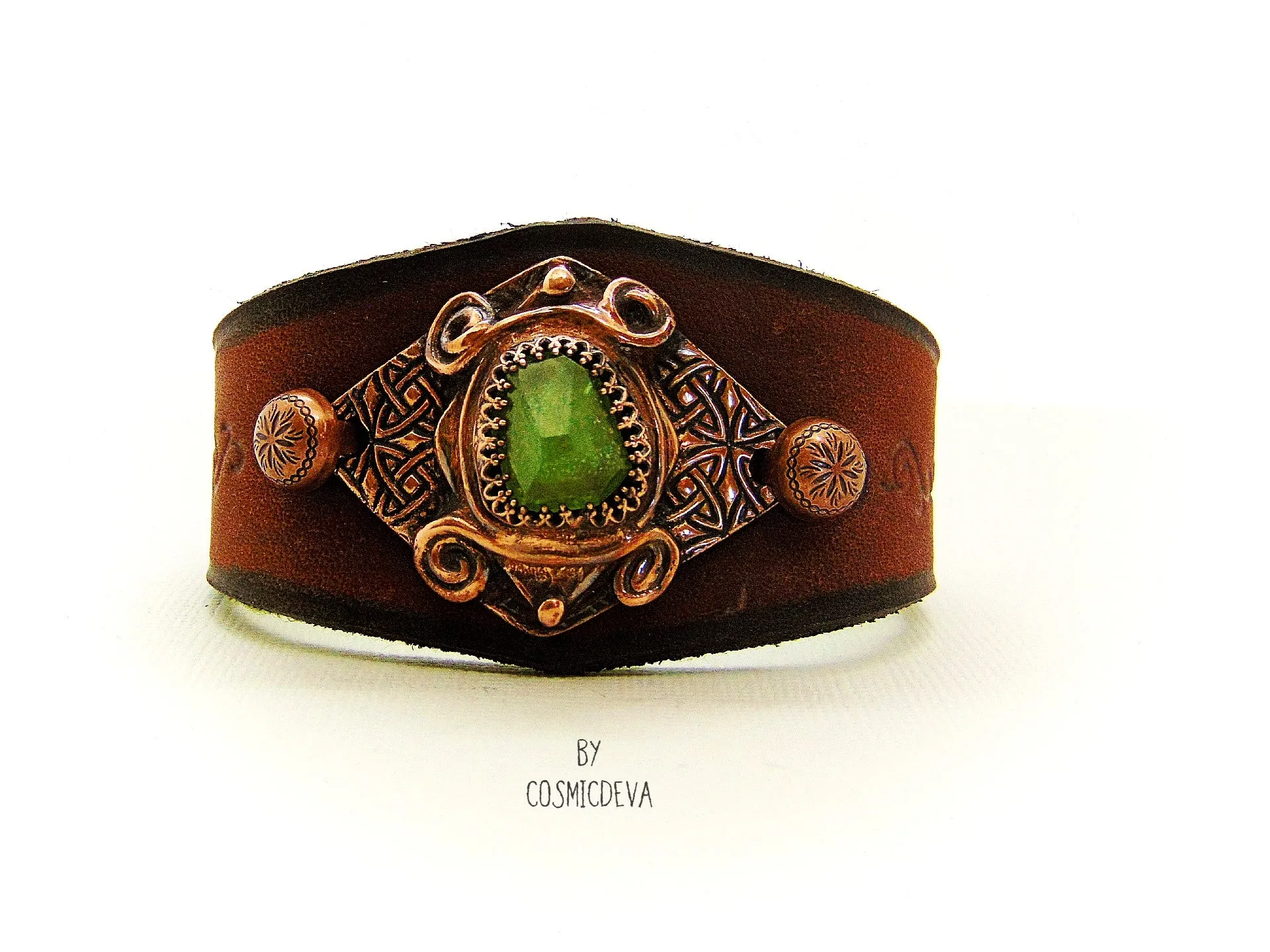 Leather Cuff Bracelet With Raw Green Peridot Gemstone And Copper, Size 7.5