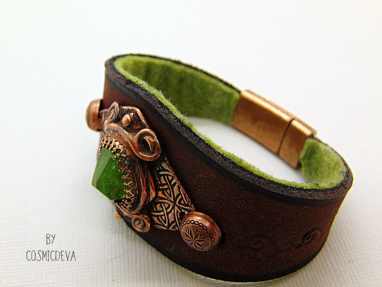 Leather Cuff Bracelet With Raw Green Peridot Gemstone And Copper, Size 7.5