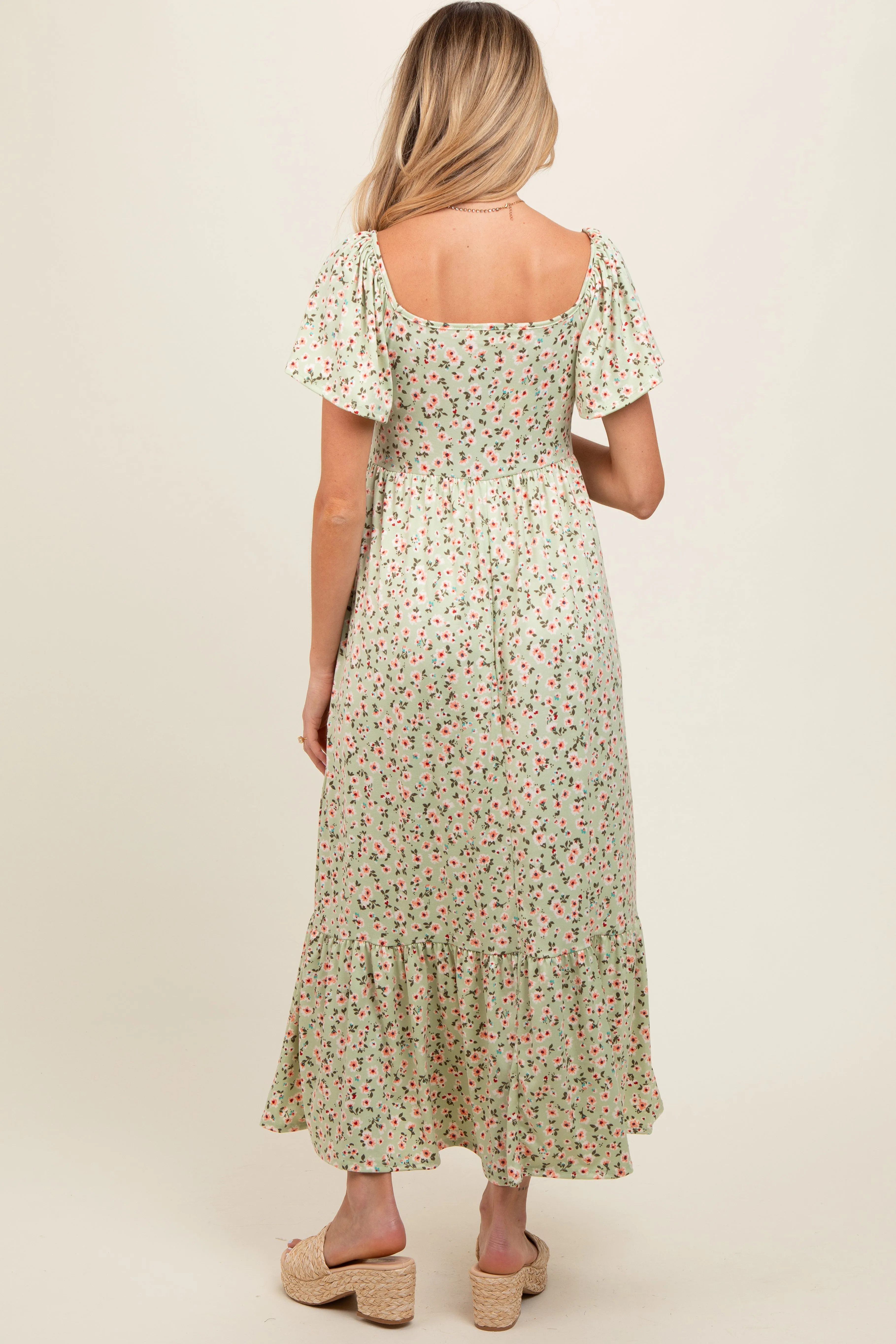 Light Green Floral Short Sleeve Maternity Maxi Dress