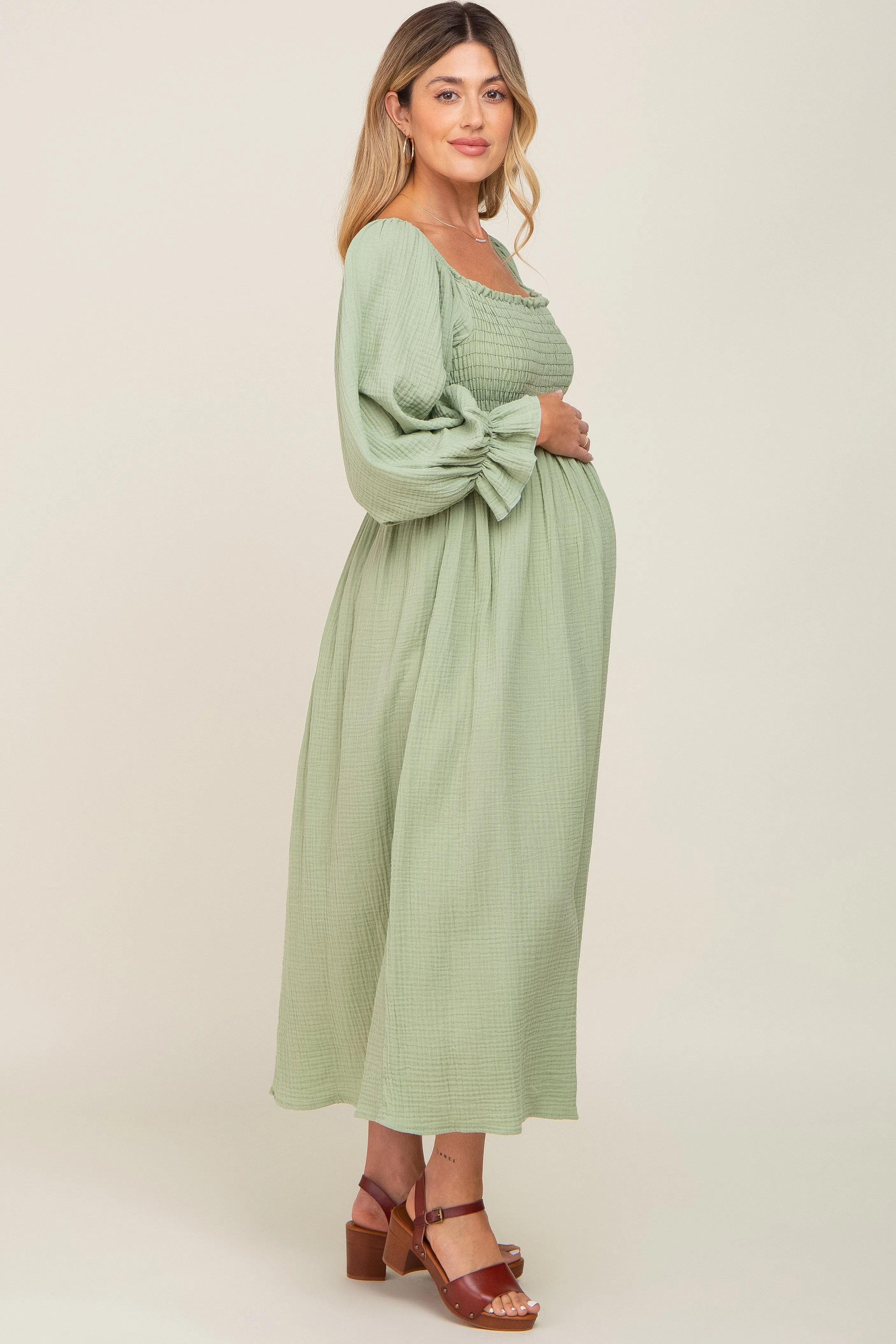 Light Green Gauze Smocked Maternity Midi Dress