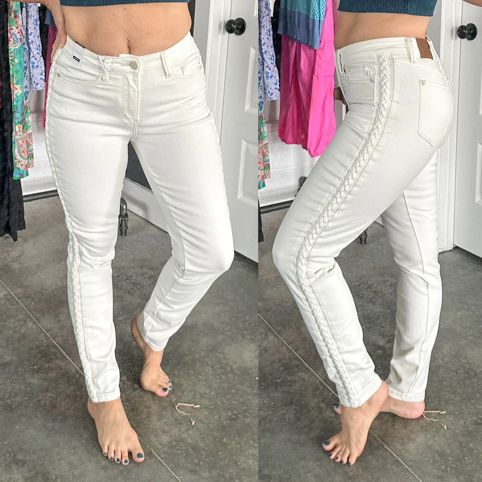 Maddie Mid Rise Braided Side Seam Relaxed Jeans