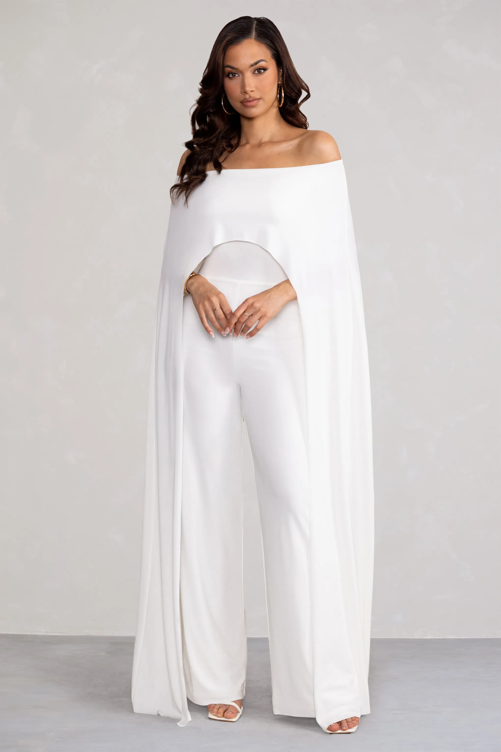 Mayara | White Bardot Cape Sleeve Jumpsuit