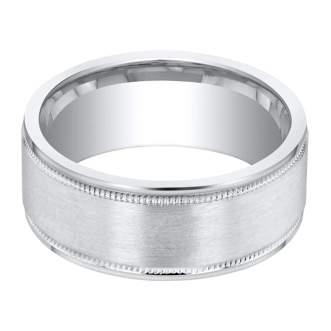 Men's Classic Milgrain Wedding Ring Band 8mm Sterling Silver Brush Matte Comfort Fit Size 11