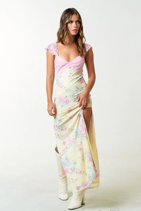 Mesh Floral Lace Side Slit Maxi Dress