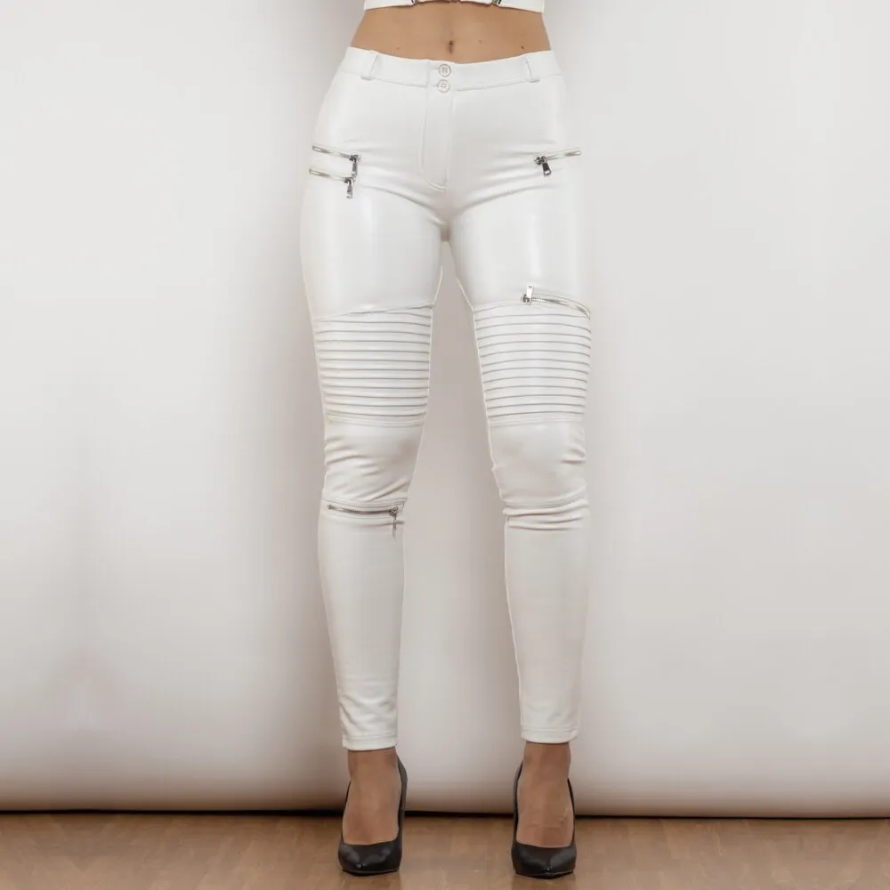 Middle Waist White Motor Leather Pants