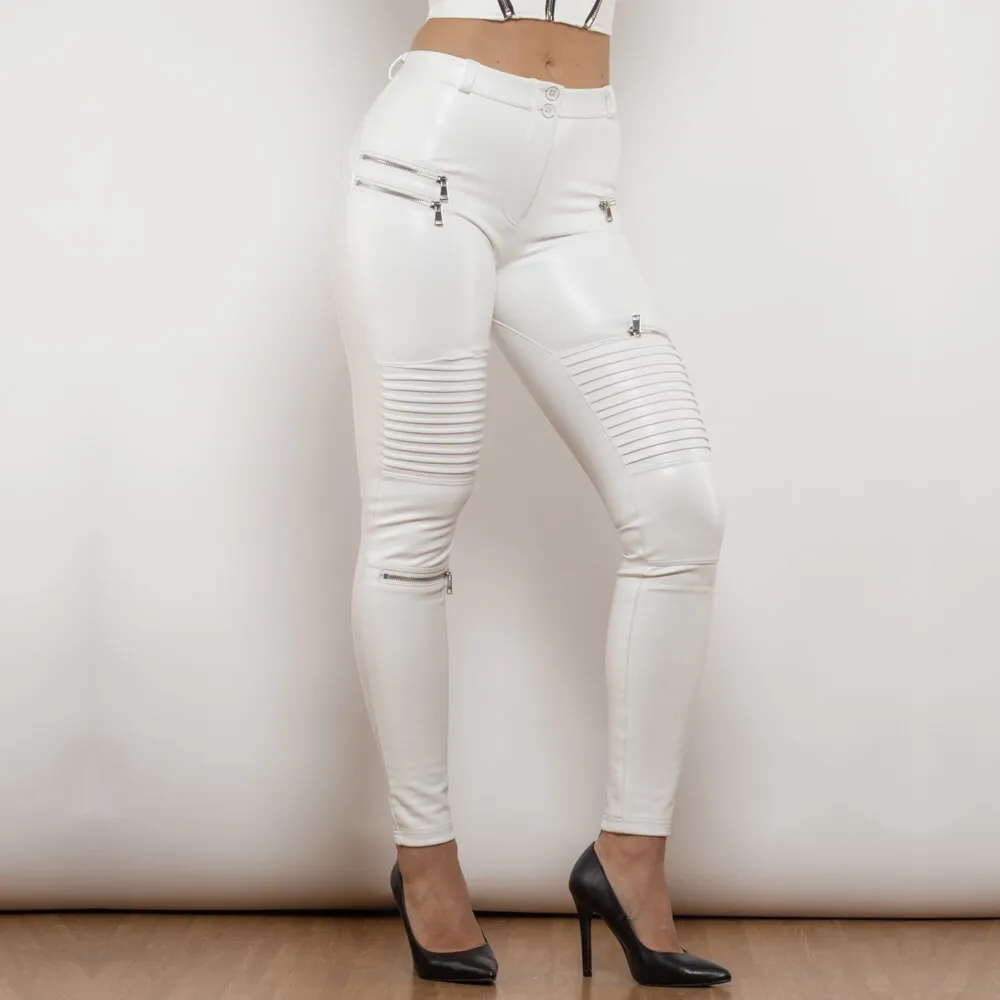 Middle Waist White Motor Leather Pants