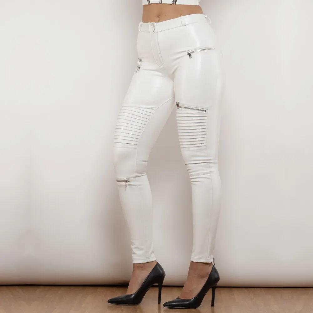 Middle Waist White Motor Leather Pants